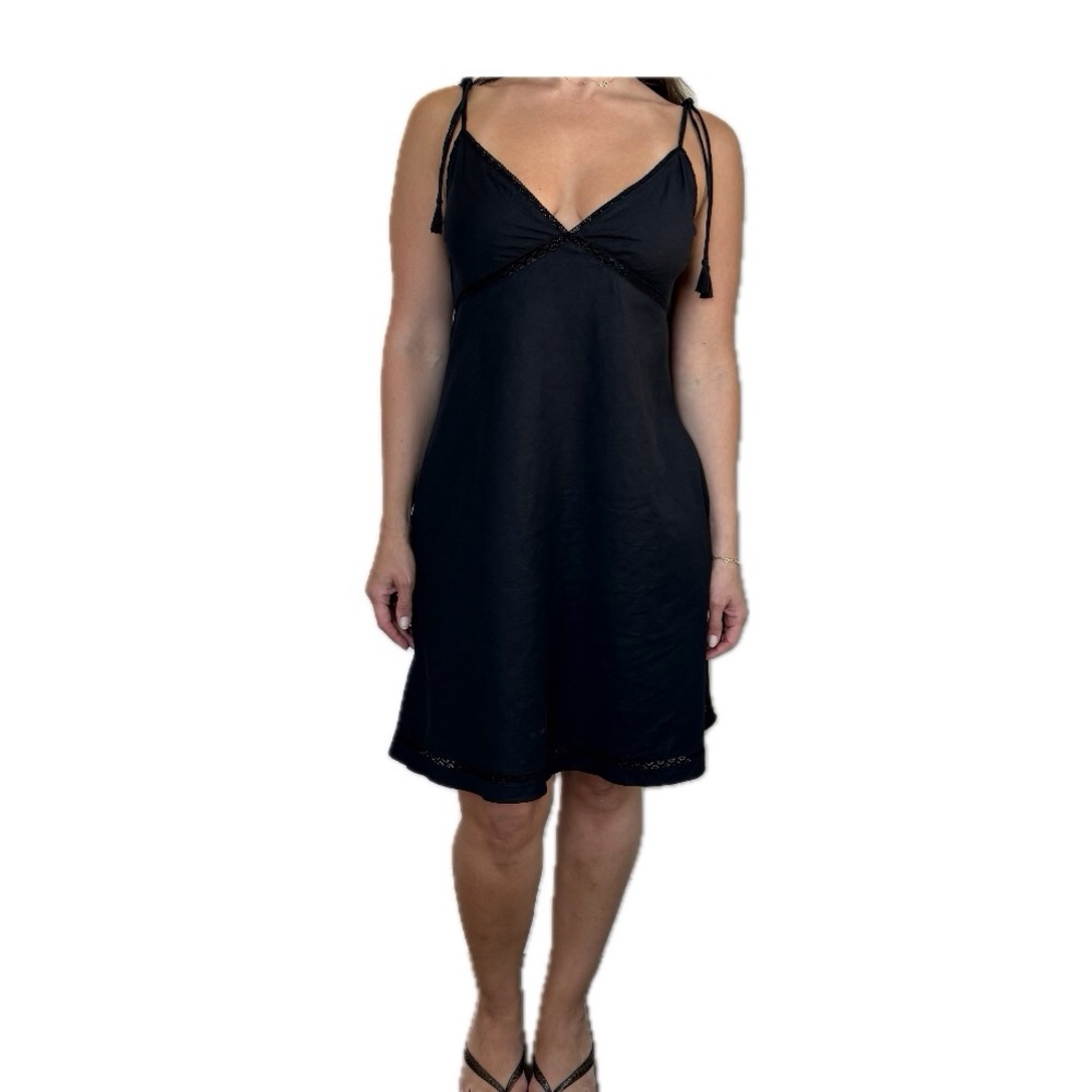 Theory Black Riobatista Crunch Linen Lace Trim Slip Dress - Size 6